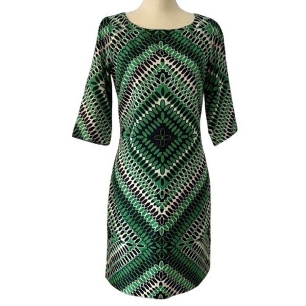 Banana Republic Green Geometric Diamond Print Sheath Dress Size 2 Elbow Sleeve